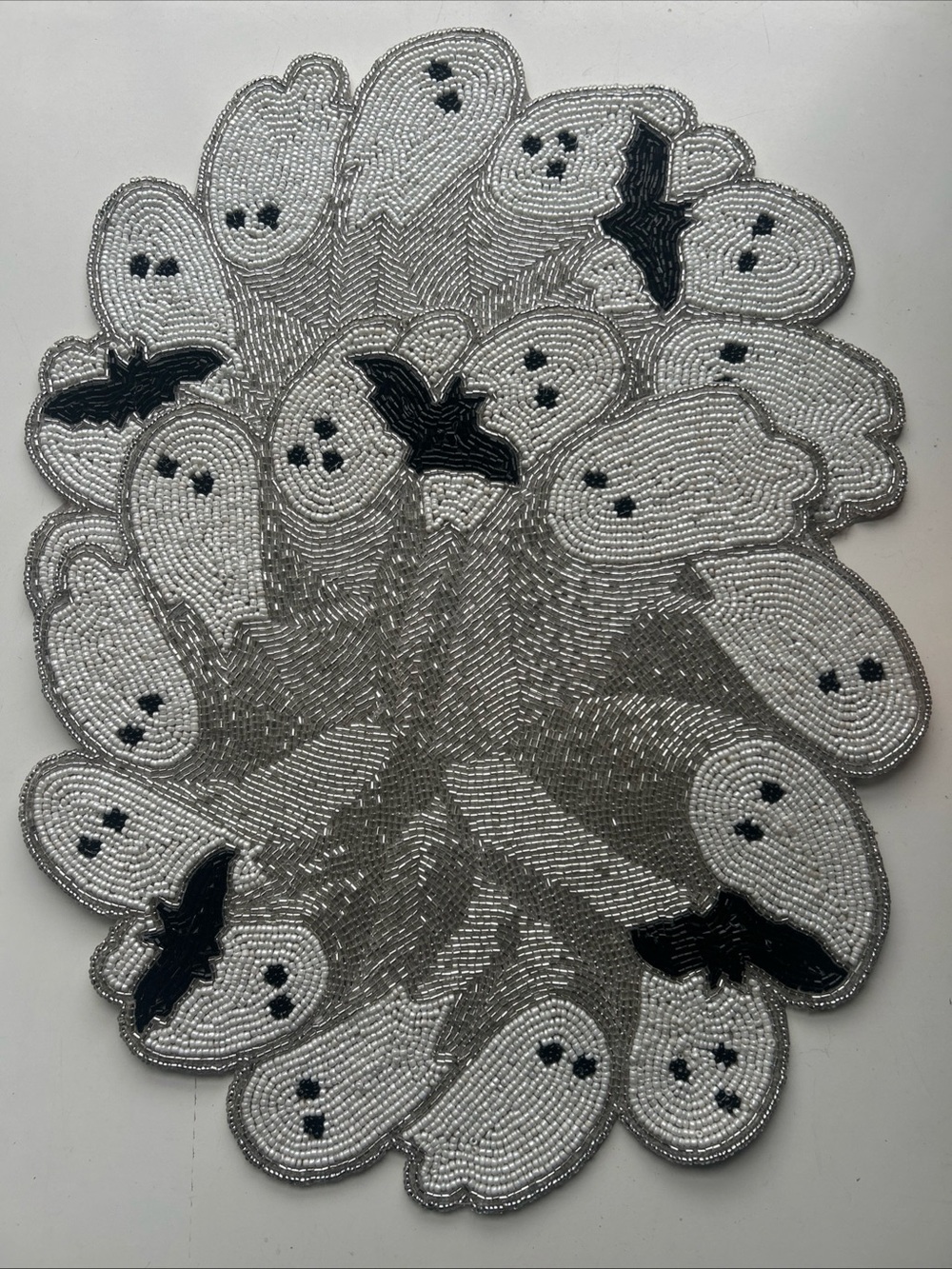 2 Glass Beaded Ghost & Bat Placemat Chargers Black, White & Silver Halloween Set